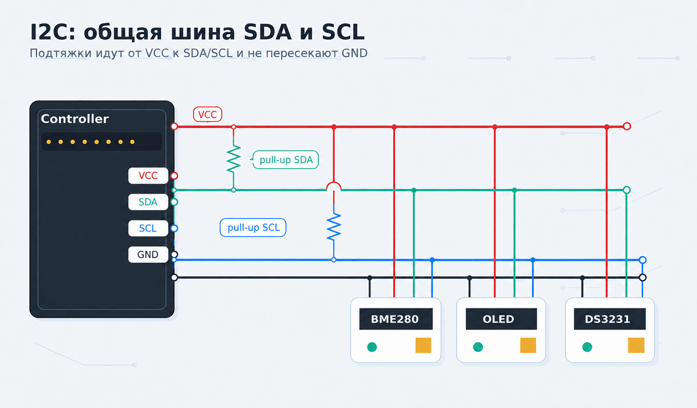 Общая шина I2C с подписанными линиями SDA, SCL, GND, VCC и подтягивающими резисторами