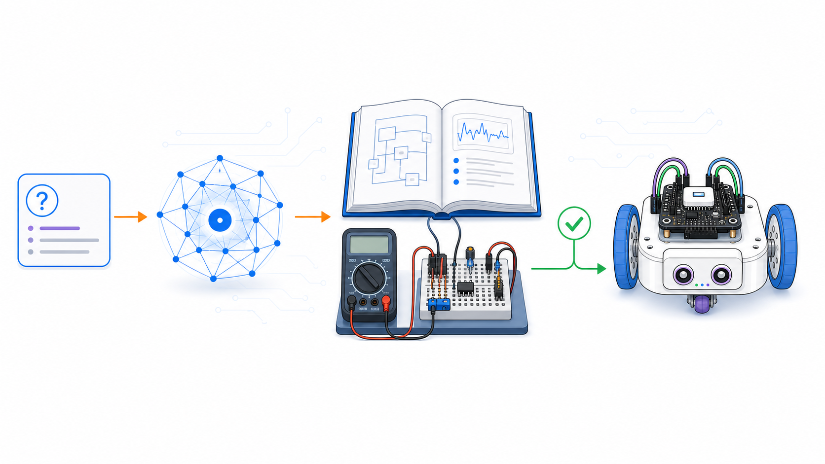 ИИ-помощник рядом с инструментами разработчика и учебным роботом