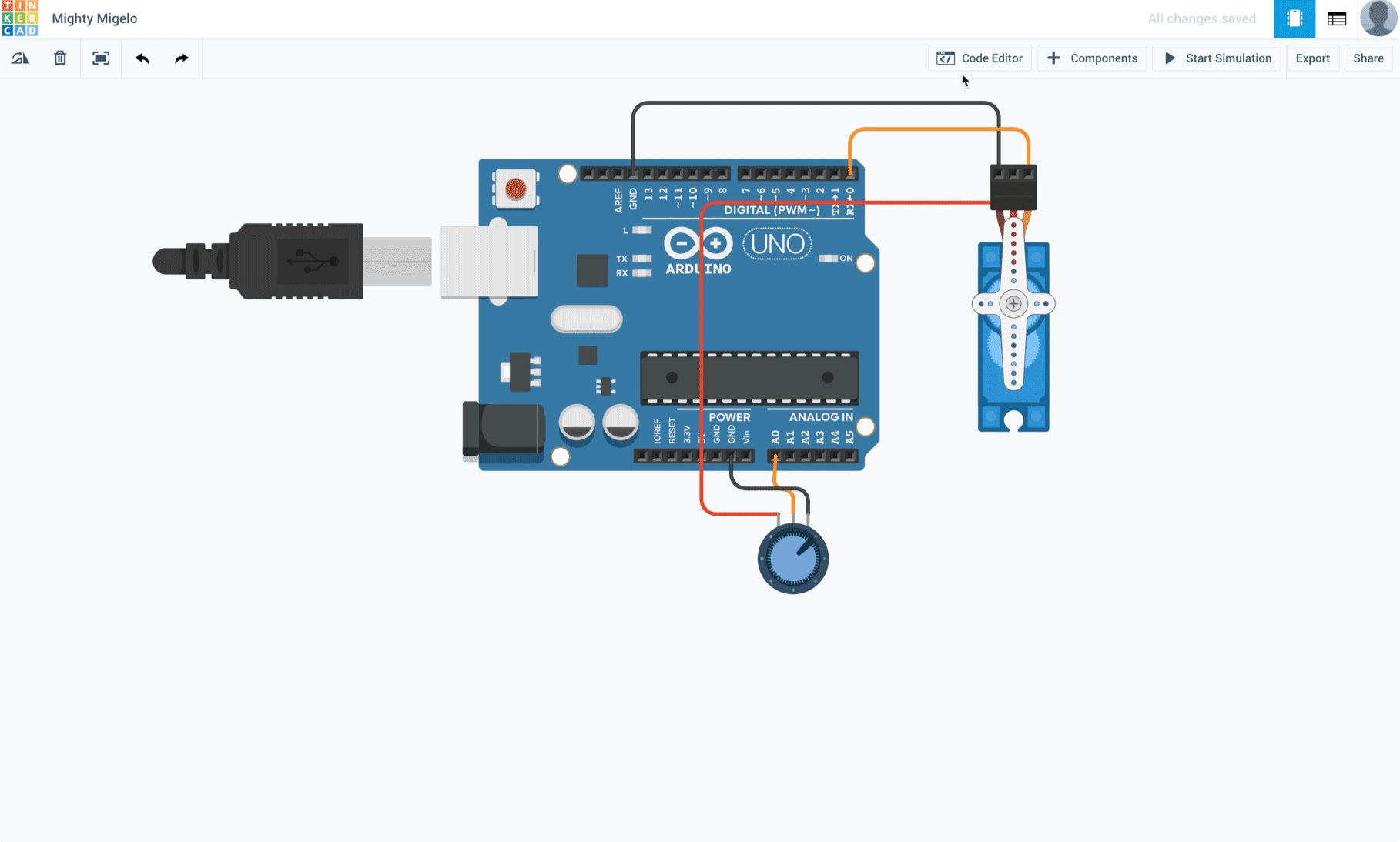 Скриншот Tinkercad: Arduino подключён к сервоприводу и потенциометру