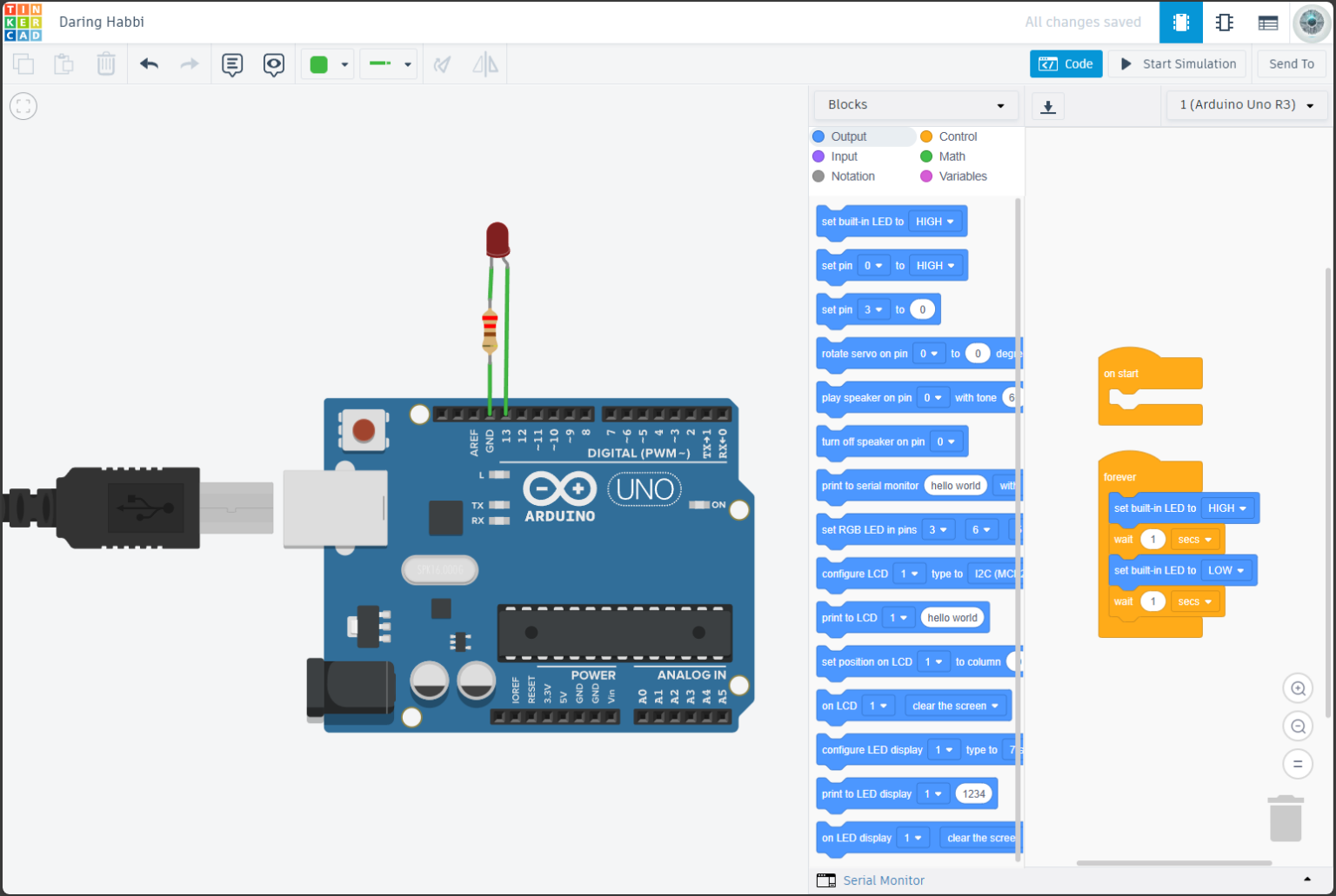 Английский интерфейс Tinkercad Circuits: схема Arduino со светодиодом и редактор блоков