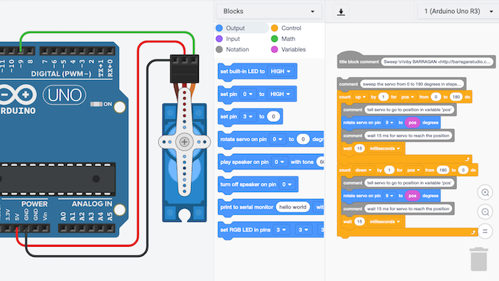 Скриншот Tinkercad: блоки плавного перемещения сервопривода