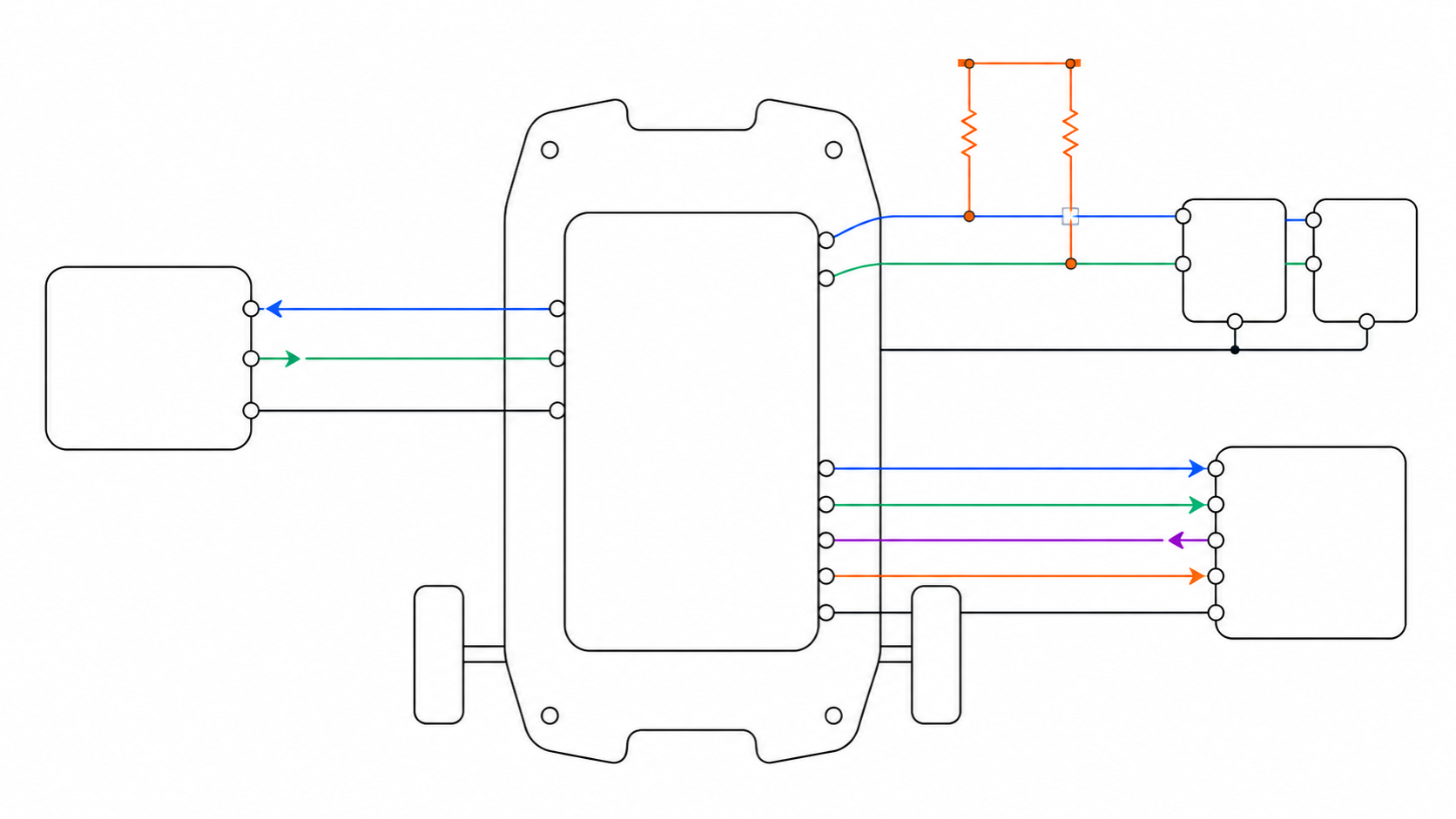 UART, I2C и SPI используются рядом на одном мобильном роботе; показаны сигнальные топологии и I2C-подтяжки, но не все цепи питания периферии