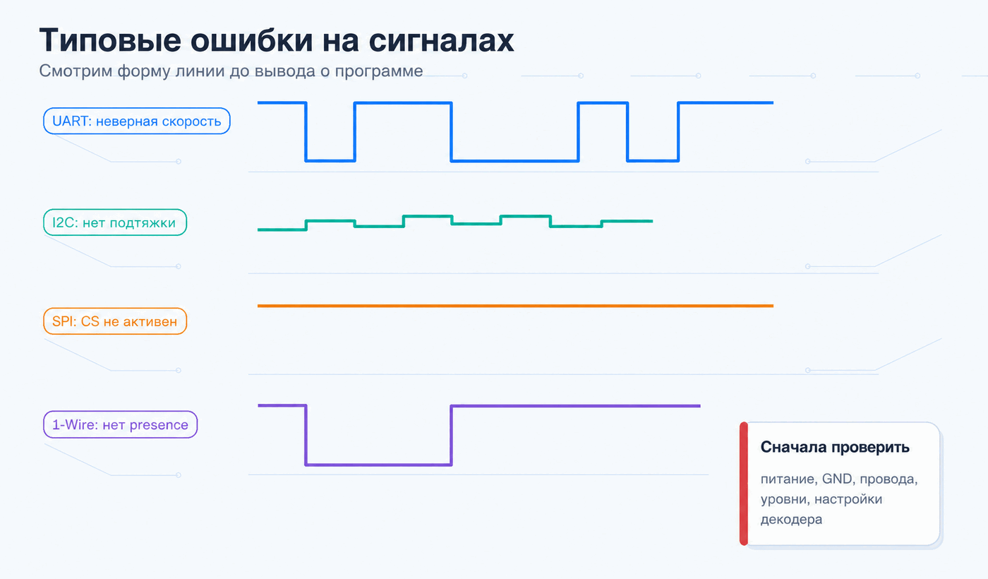 Типовые ошибки на осциллограмме для разных протоколов