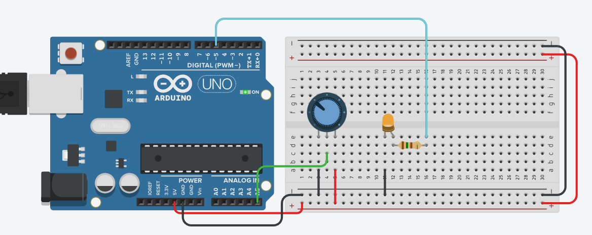 Потенциометр как аналоговый датчик на Arduino UNO в Tinkercad