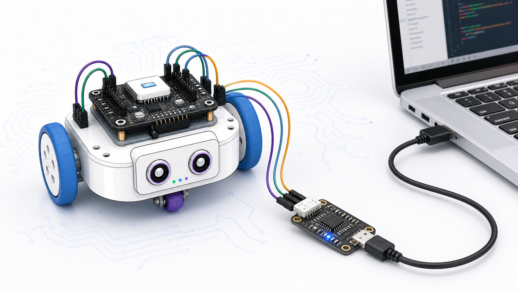 Робот подключён к компьютеру через USB-TTL преобразователь
